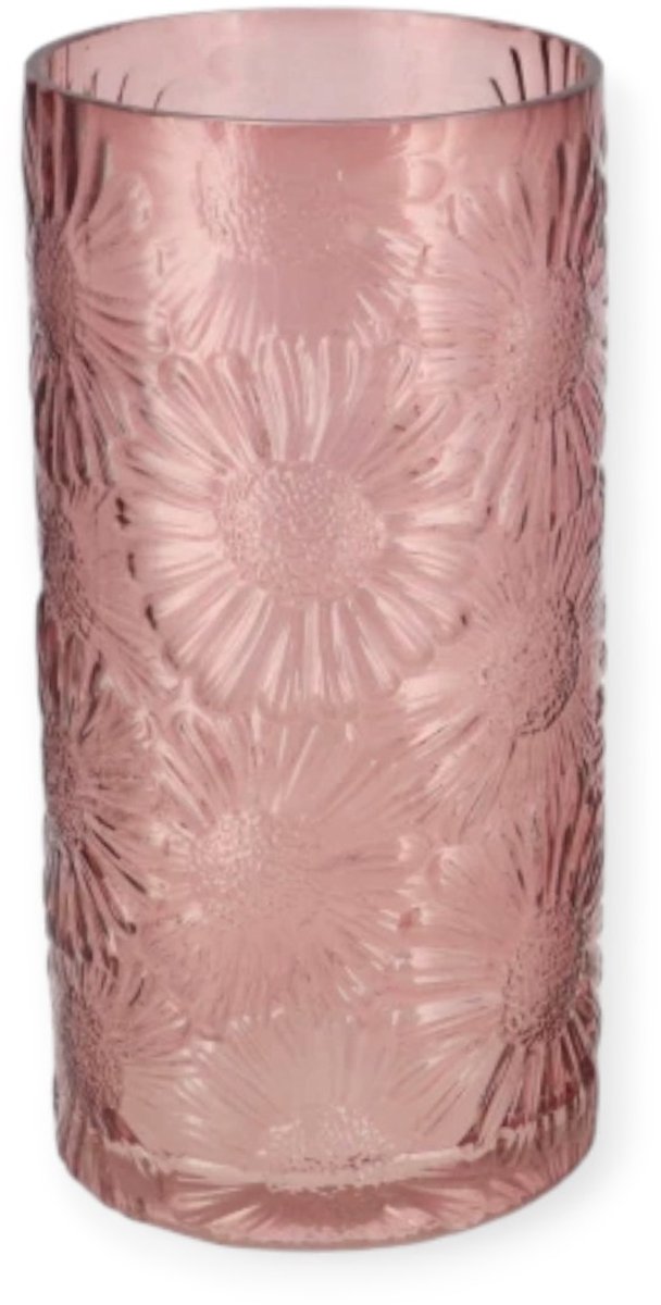 DK design Daan Kromhout - Vaas - Glas - Donker Roze - Bloemen Reliëf - 26x13cm - Cilindervaas