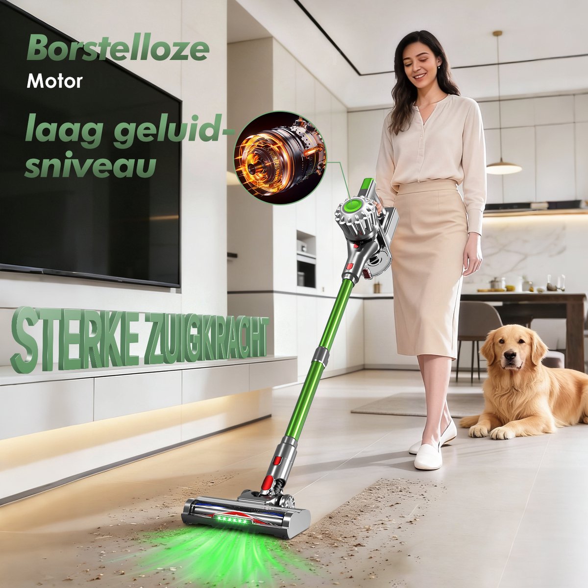 Fukstern Steelstofzuiger Draadloos - 38KPa krachtige zuigkracht - Tot 60 Min Accuduur - 4-voudig HEPA-Filtersysteem - 1,6L Stofreservoir - Anti-Klit Vloerborstel draadloze steelstofzuiger - groen – foto 2