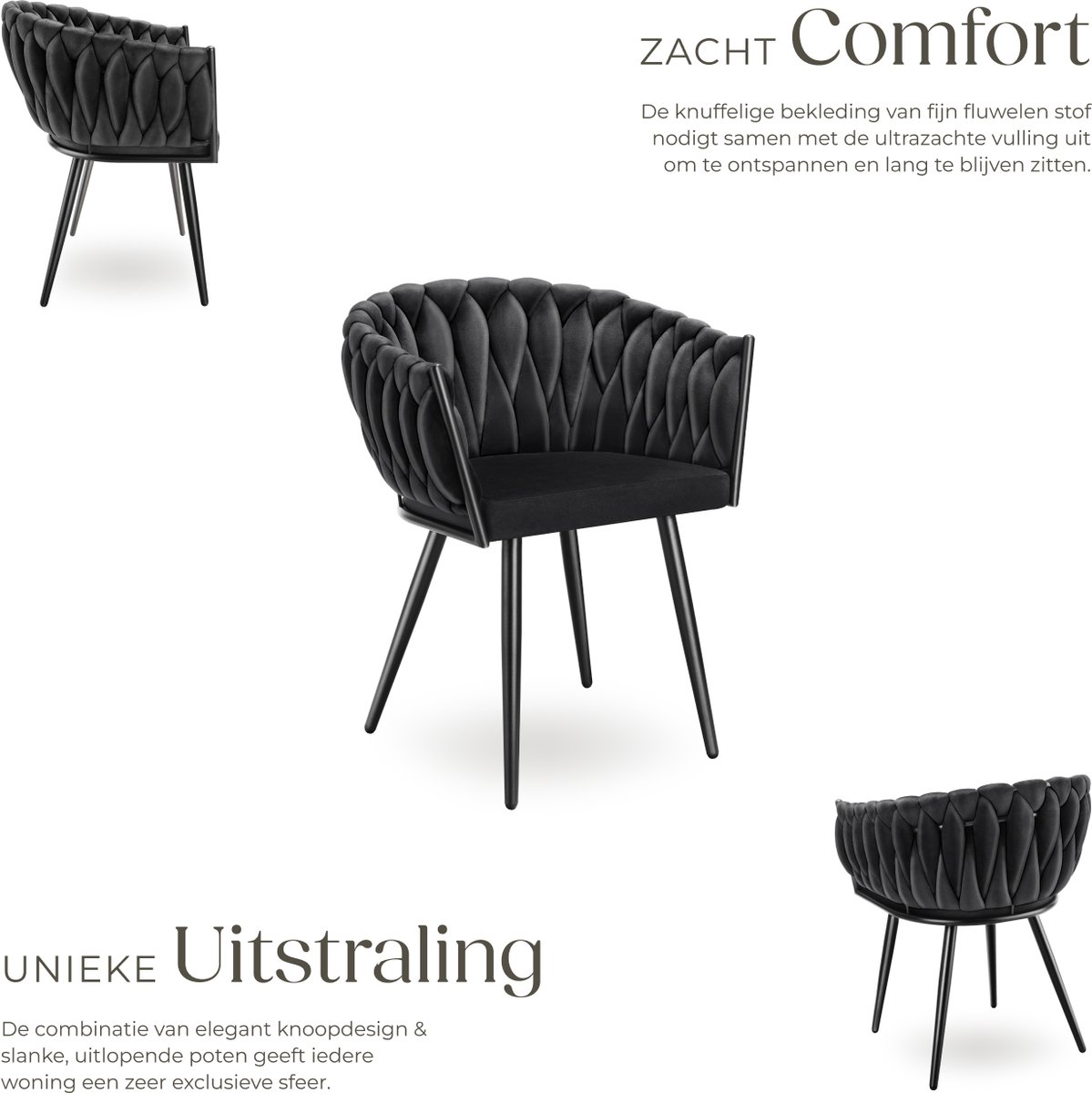 tectake® Set van 4 Fluwelen eetkamerstoelen - Kuipstoel met armleuning in knooplook - Eetkamerstoel - Moderne stoel voor woonkamer en eetkamer - Keukenstoel - Kaptafelstoel - Slaapkamerstoel - Diverse kleuren - Zwart – foto 4