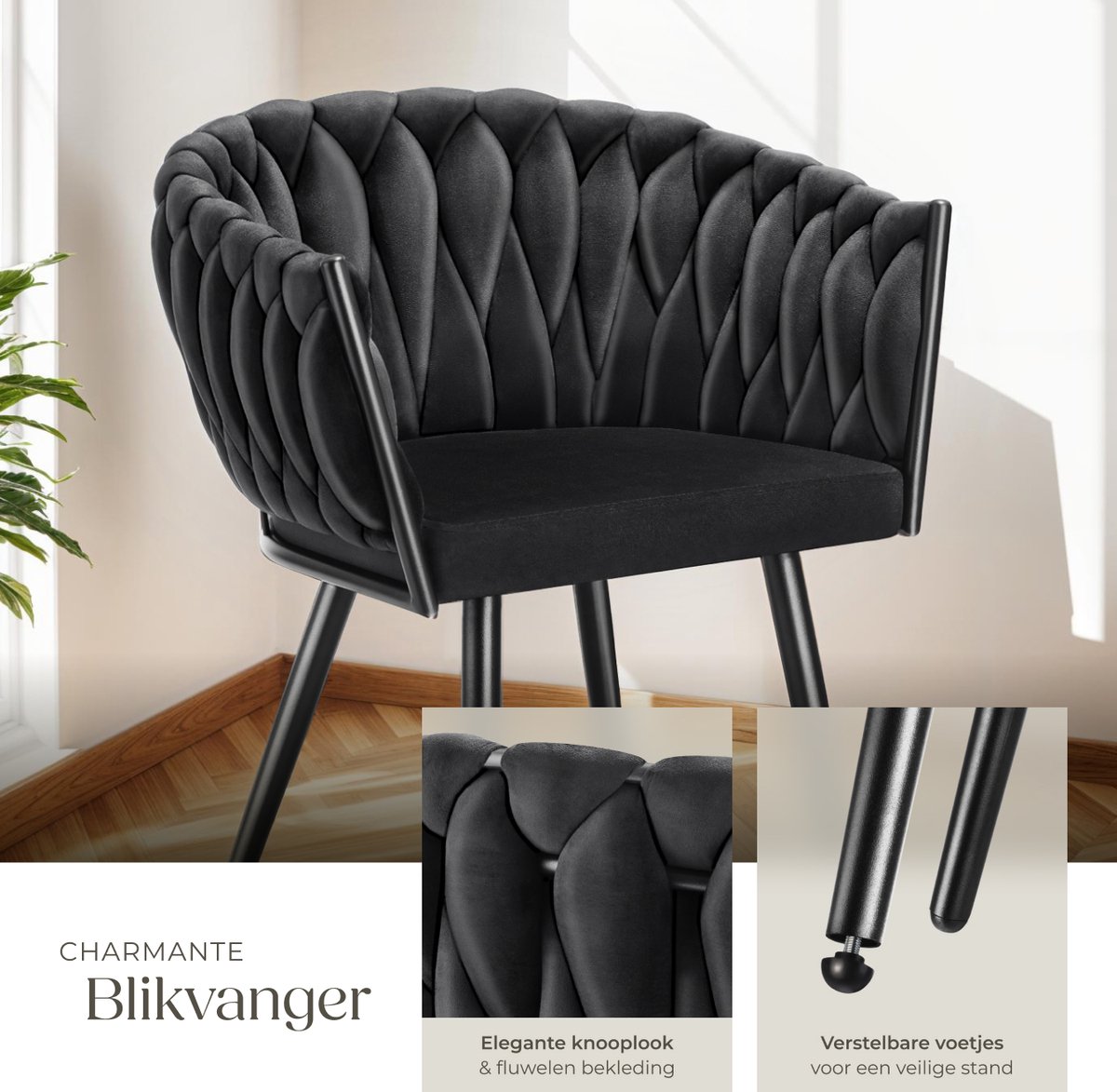tectake® Set van 4 Fluwelen eetkamerstoelen - Kuipstoel met armleuning in knooplook - Eetkamerstoel - Moderne stoel voor woonkamer en eetkamer - Keukenstoel - Kaptafelstoel - Slaapkamerstoel - Diverse kleuren - Zwart – foto 6