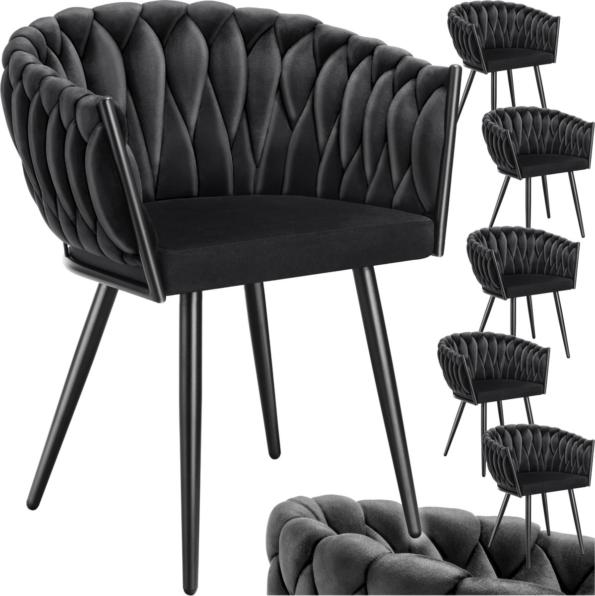Tectake Set van 6 Fluwelen Eetkamerstoelen - Kuipstoel met armleuning in knooplook - Eetkamerstoel - Moderne stoel voor woonkamer en eetkamer - Keukenstoel - Kaptafelstoel - Slaapkamerstoel - Diverse kleuren - Zwart