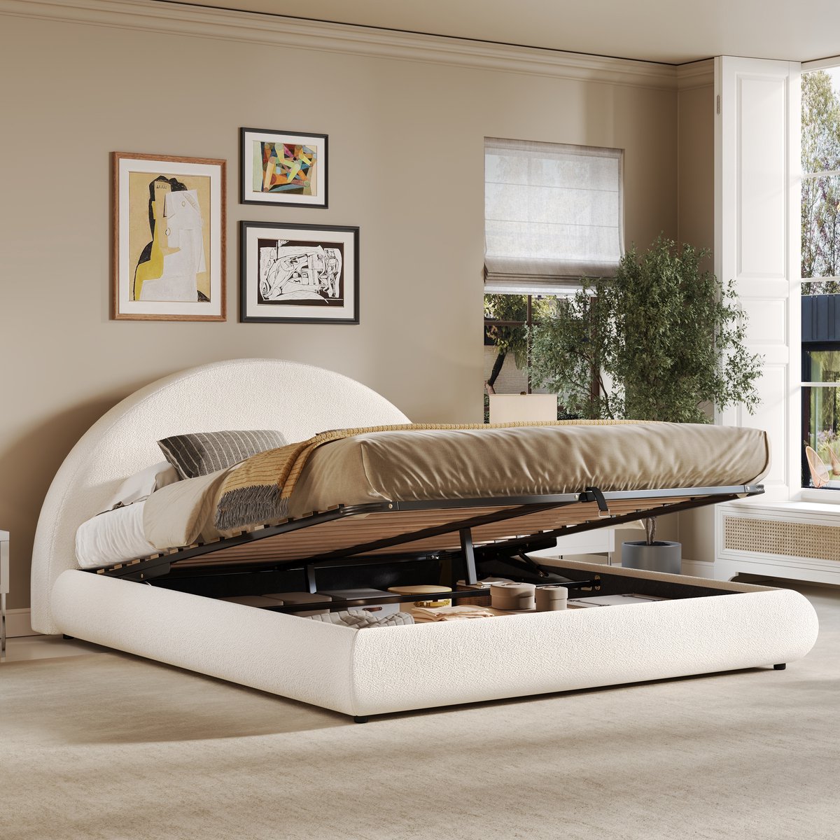 STILVORA Gestoffeerd Bed 180x200 cm – Hydraulisch Opklapbaar Bed Met Grote Opbergruimte – Met Lattenbodem – Zonder matras – Bouclé – Wit