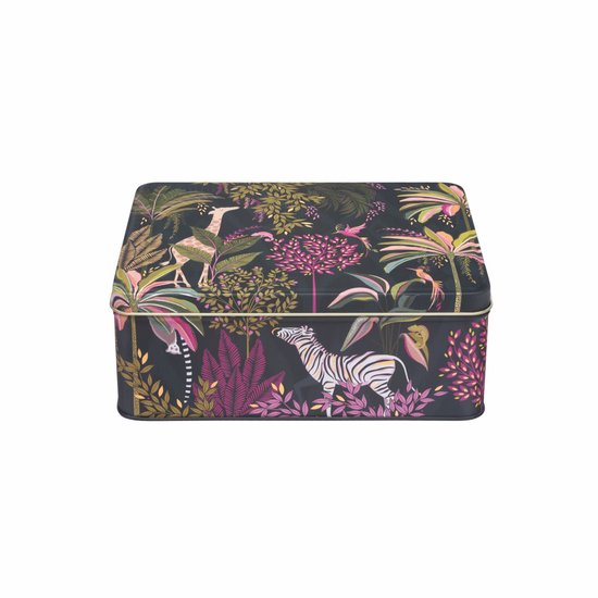 Boîte avec imprimé jungle botanique bleu foncé, vert, rose et doré. Avec zèbre, girafe et oiseaux exotiques.