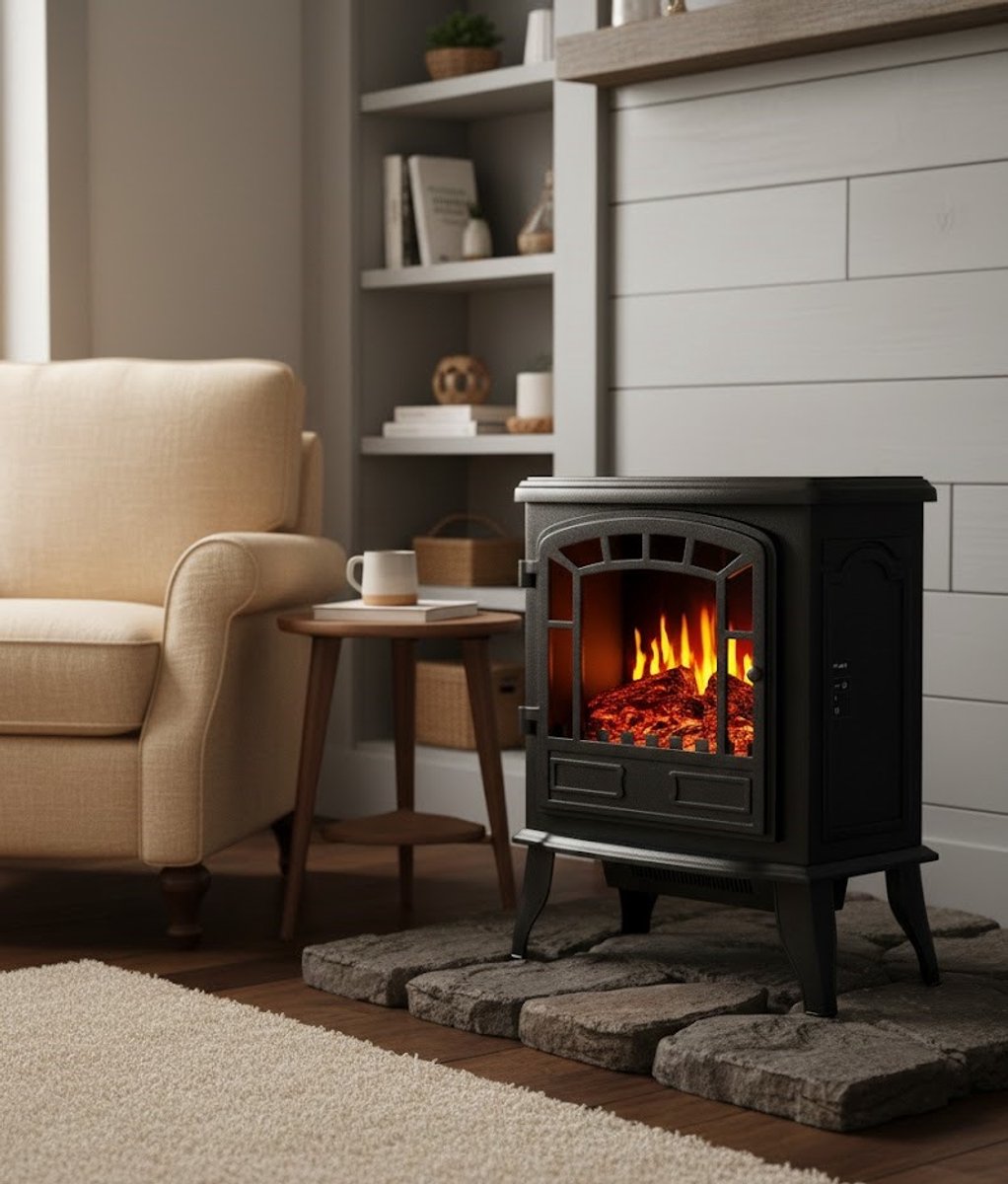 Deuba Elektrische Kachel met Haardvuur Effect - 2000W, Zwart/Wit - MedaHomeStore