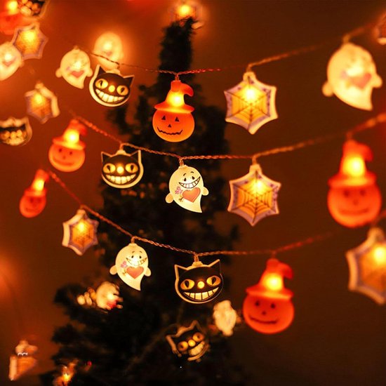 Lichtsnoer 3 meter met Halloween pompoen, spinnen, vleermuizen en skeletten - LED decoratieverlichting voor binnen en buiten - Werkt op batterijen - Geschikt voor tuinfeesten