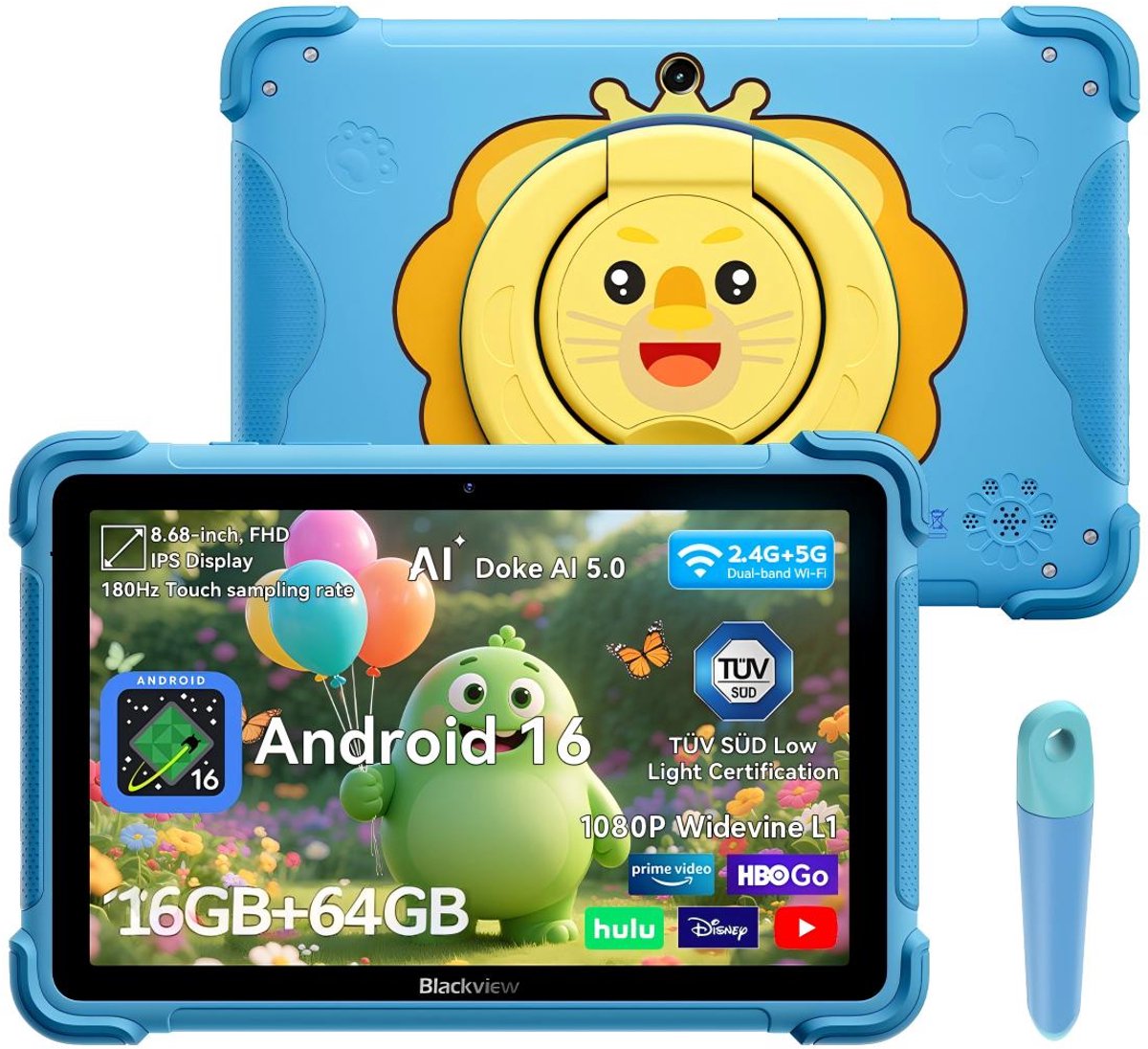Blackview LINK 1 Kids - Tablet - 16GB RAM - 64GB ROM - 8.68 inch - 5000mAh - Android 16 - Met pen - Beschermhoes - Blauw