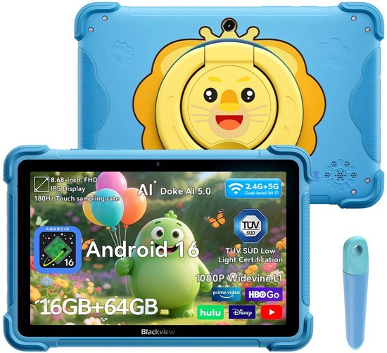 Blauwe tablet met leeuwenhoes, 8.68-inch IPS-scherm, Android 16, 16GB+64GB.