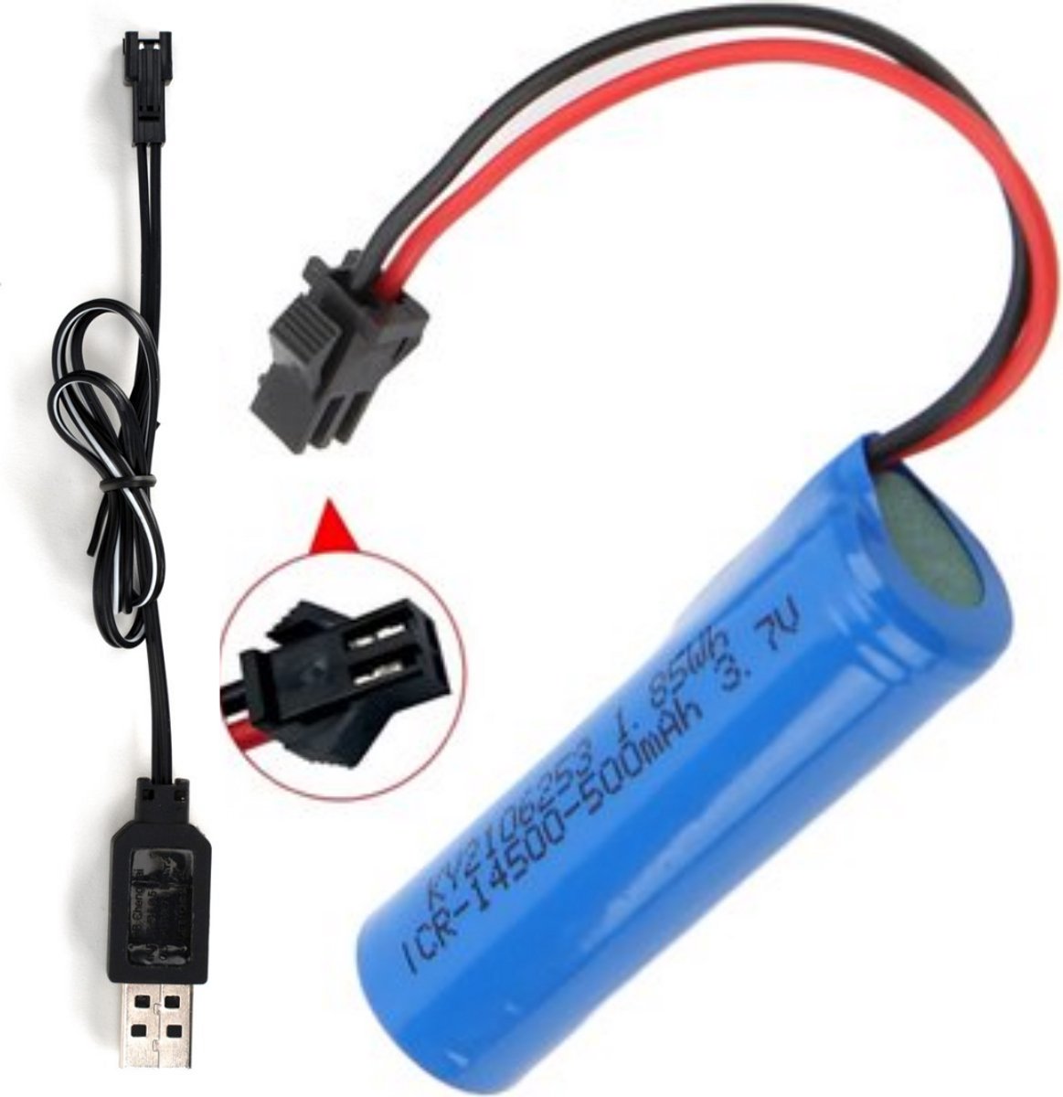 PolkaHome® RC Accu + Oplaadkabel – 14500 Lithium Ion 3.7V 500mAh – 1.85Wh – Accu voor RC Drift Auto