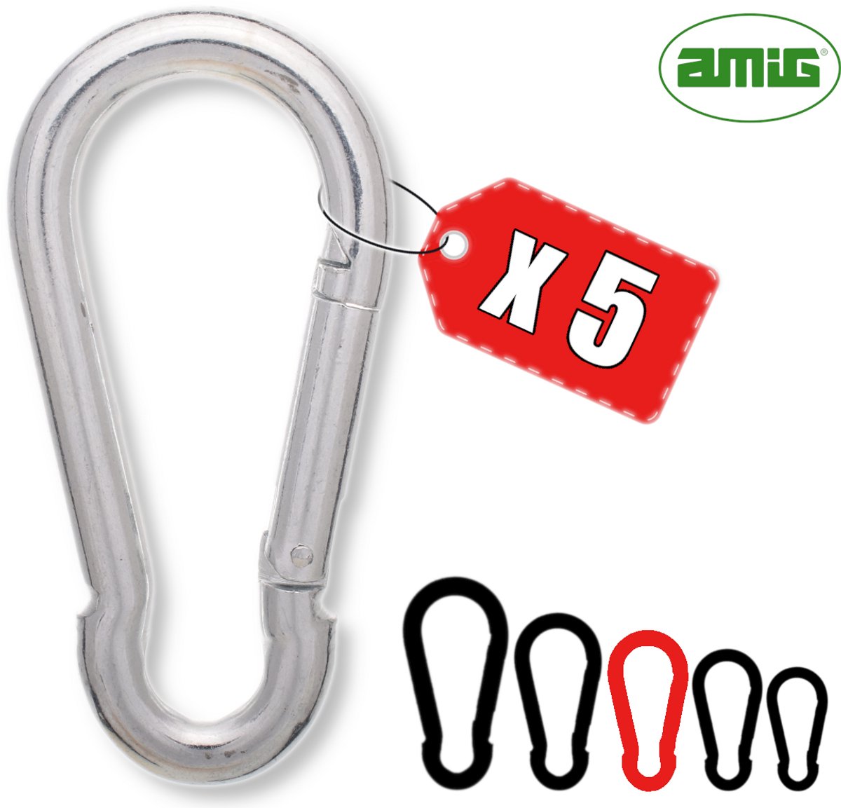 AMIG Karabijnhaak 7x70mm Verzinkt Staal Veersluiting Sleutelhanger Musketonhaak Voordeelset - 5 Stuks
