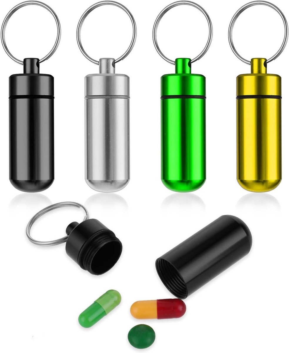 Pillendoos sleutelhanger - 4 stuks mini draagbaar medicijnen flessenhouder waterdicht - wekelijks organizer tas