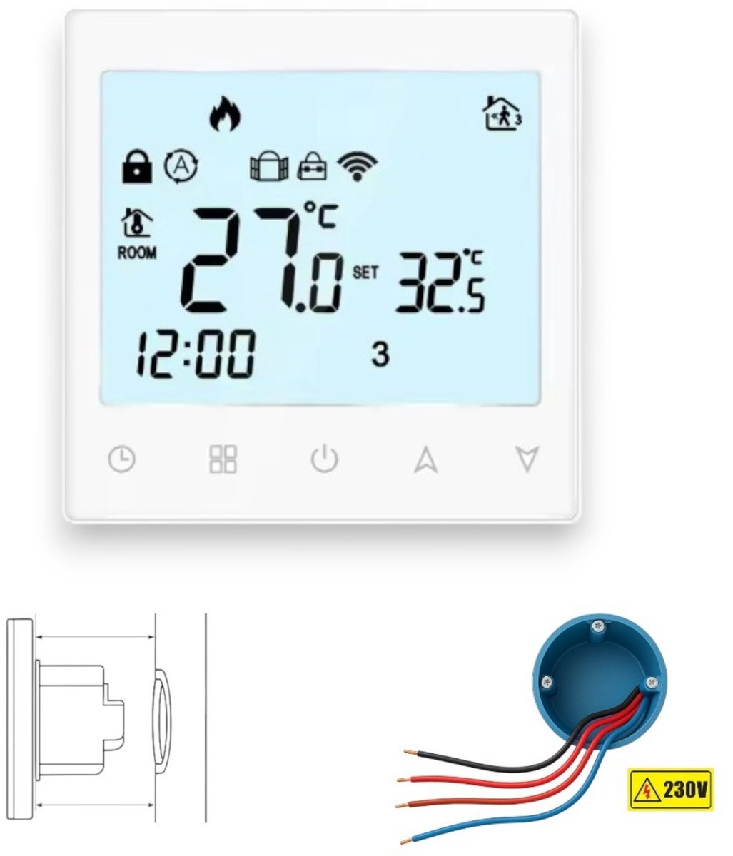 Wifi Inbouw Thermostaat | Touchscreen | Wifi | App bediening | Inbouw standaard doos | Programmeerbaar schema | Tuya | Wit