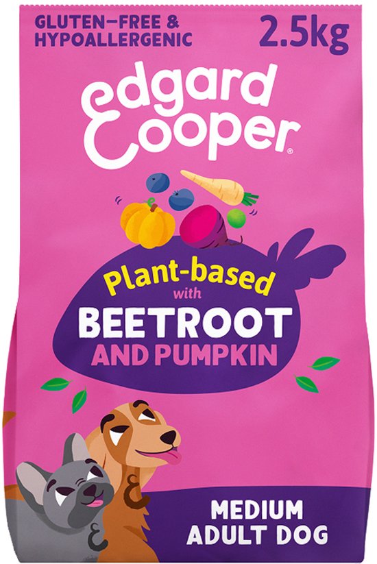 Roze zak hondenvoer van Edgard & Cooper, 2.5kg, met afbeeldingen van biet, pompoen, bosbessen en wortel.
