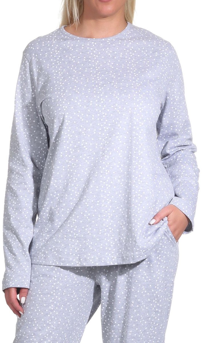 Normann Dames Pyjama Top met lange mouwen Mix & Match in Polka Dot Optics grau-melange