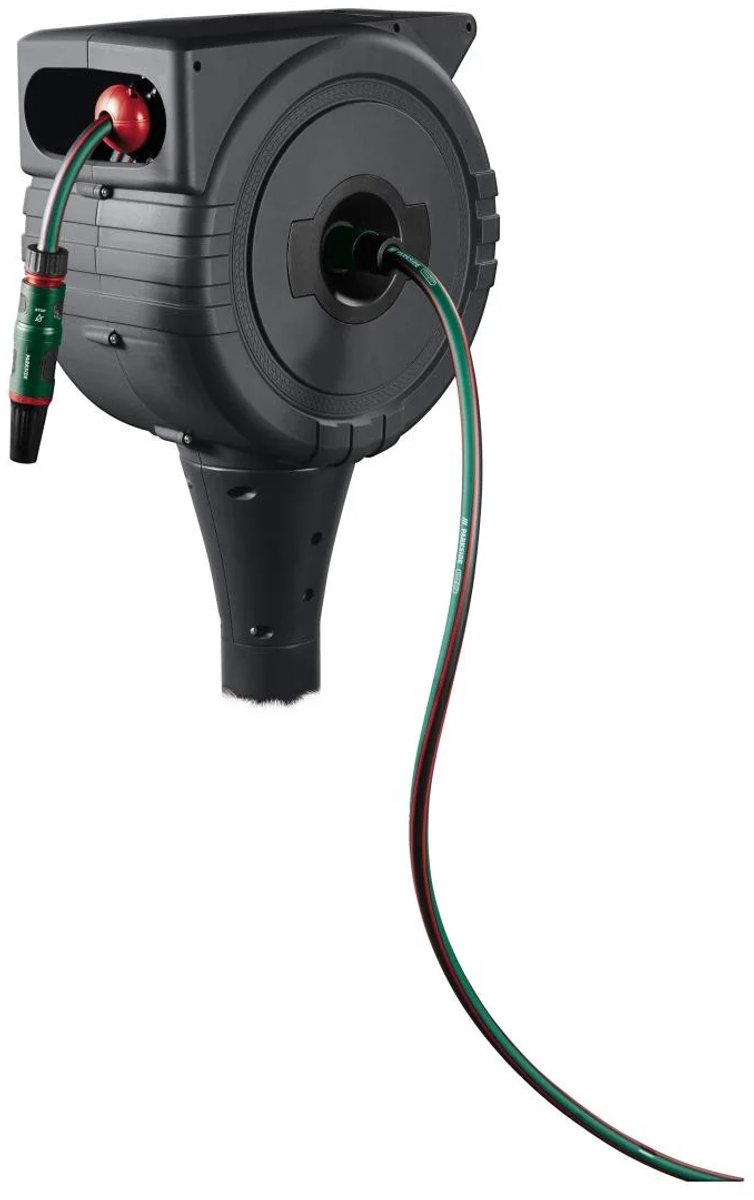 PARKSIDE® Tuinslang haspel - Met gronspies voor verankering in de grond - Tuinslang: 25 m - Toevoerslang: 2 m - Vergrendelingsfunctie - 360 graden draaibare slangbox