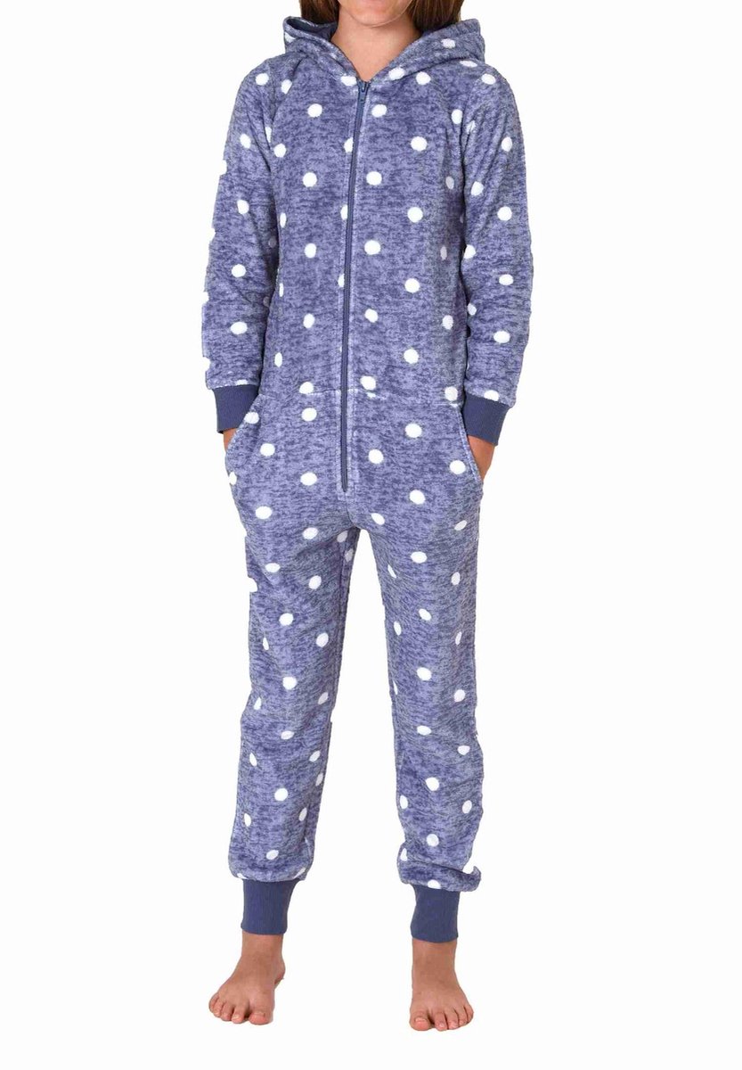Normann Behaaglijke Meisjespyjama Jumpsuit Overall in koraalrode fleece met stippenlook blau
