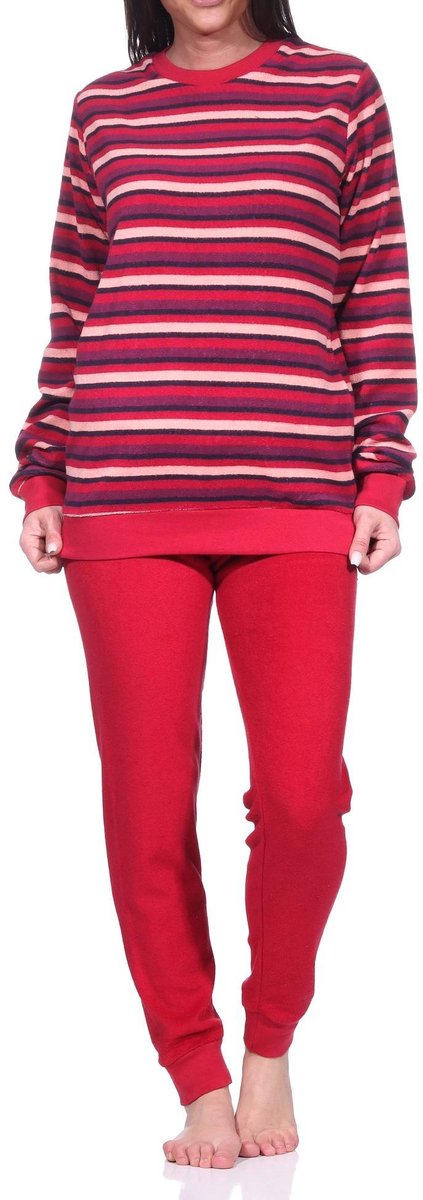 Normann Dames badstof pyjama lang, pyjama met boorden in een geweldige gestreepte look rot