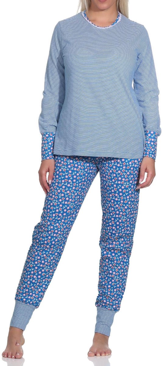 Normann Dames Pyjama Lange Mouwen met Manchet, Top Gestreept, Broek Bloemenbedrukt marine