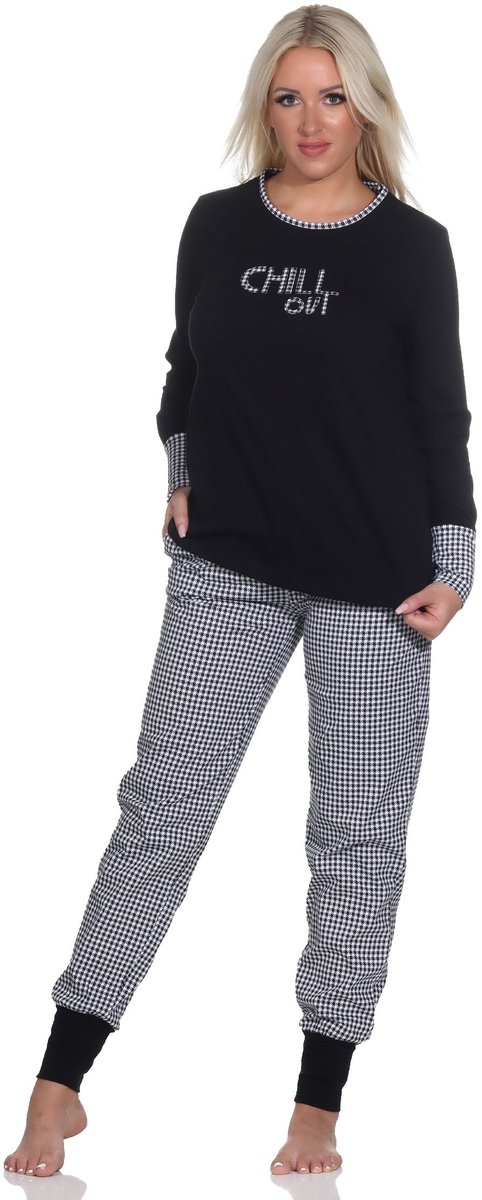 Normann Dames Pyjama Lange Mouwen met Manchet, Pepita Look Broek, Front Print Top schwarz