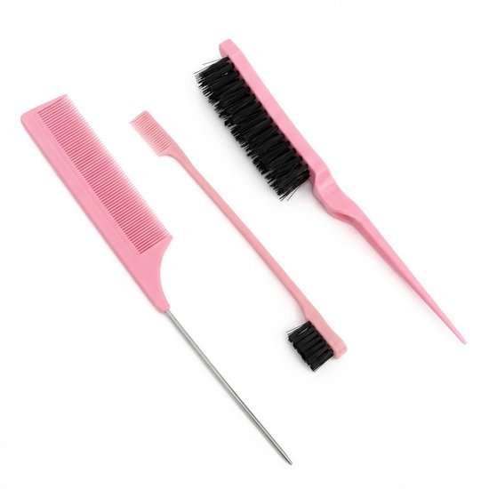 Drie roze kammen: een kam met puntstaart, een smalle kam met borstel en een borstelkam.