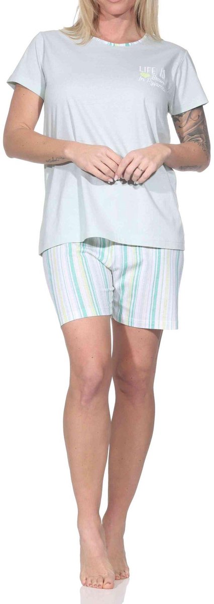 Normann dames pyjama shorty met korte mouwen en gestreepte pyjamabroek grün