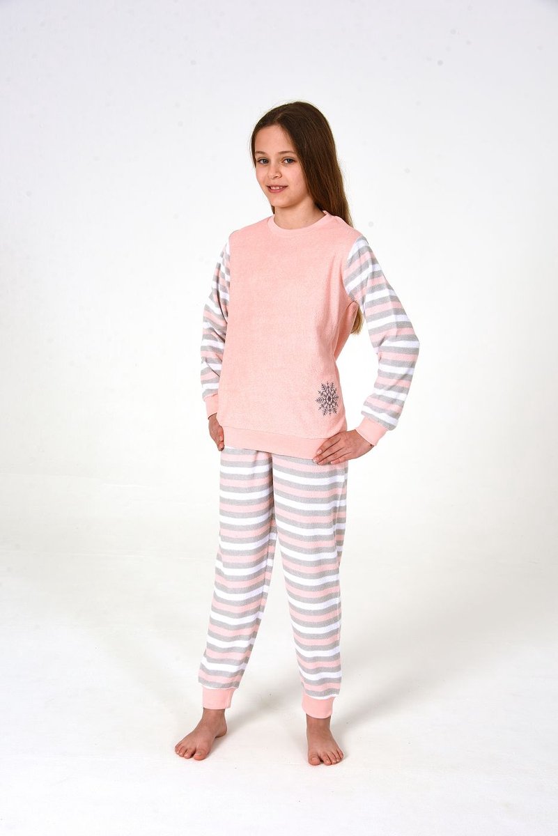 Normann Meisjespyjama, badstof pyjama met manchetten en een schattig motief - gestreepte look apricot