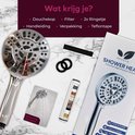 Inhoud van de doos: douchekop, filter, ringen, handleiding en tape, met doos op de achtergrond.