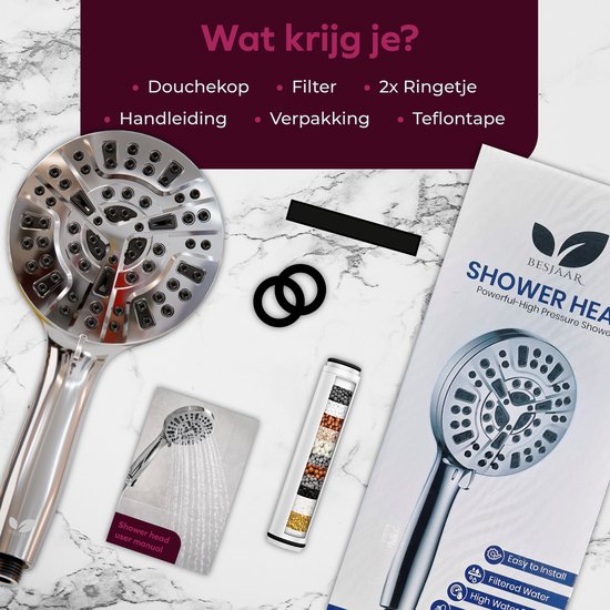 Inhoud van de doos: douchekop, filter, ringen, handleiding en tape, met doos op de achtergrond.