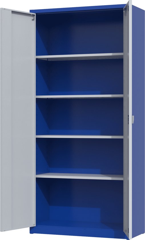 Povag archiefkast met één lichtgrijze deur geopend, die een blauwe binnenkant met vijf witte planken onthult.