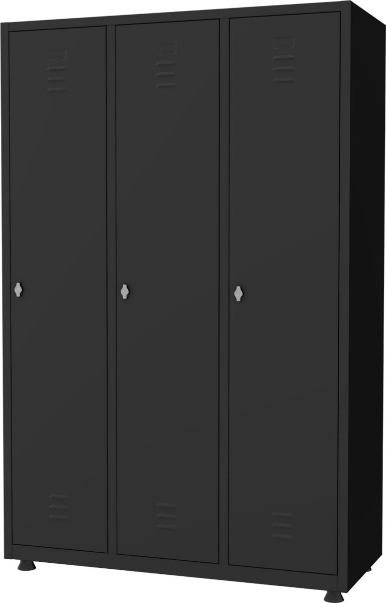 Lockerkast metaal - 3 deurs - Hang- en legruimte - 180x118,5x50 cm - Zwart