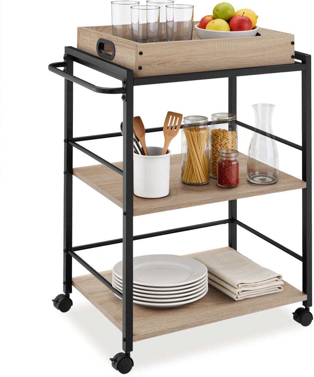 tectake® Serveerwagen met afneembaar dienblad - Industriële design - Keukenwagen op wielen met duwbeugel en 2 houten planken - Zwart metalen frame - Afmeting (LxBxH) 65 x 41,5 x 87 cm - Lichtbruin