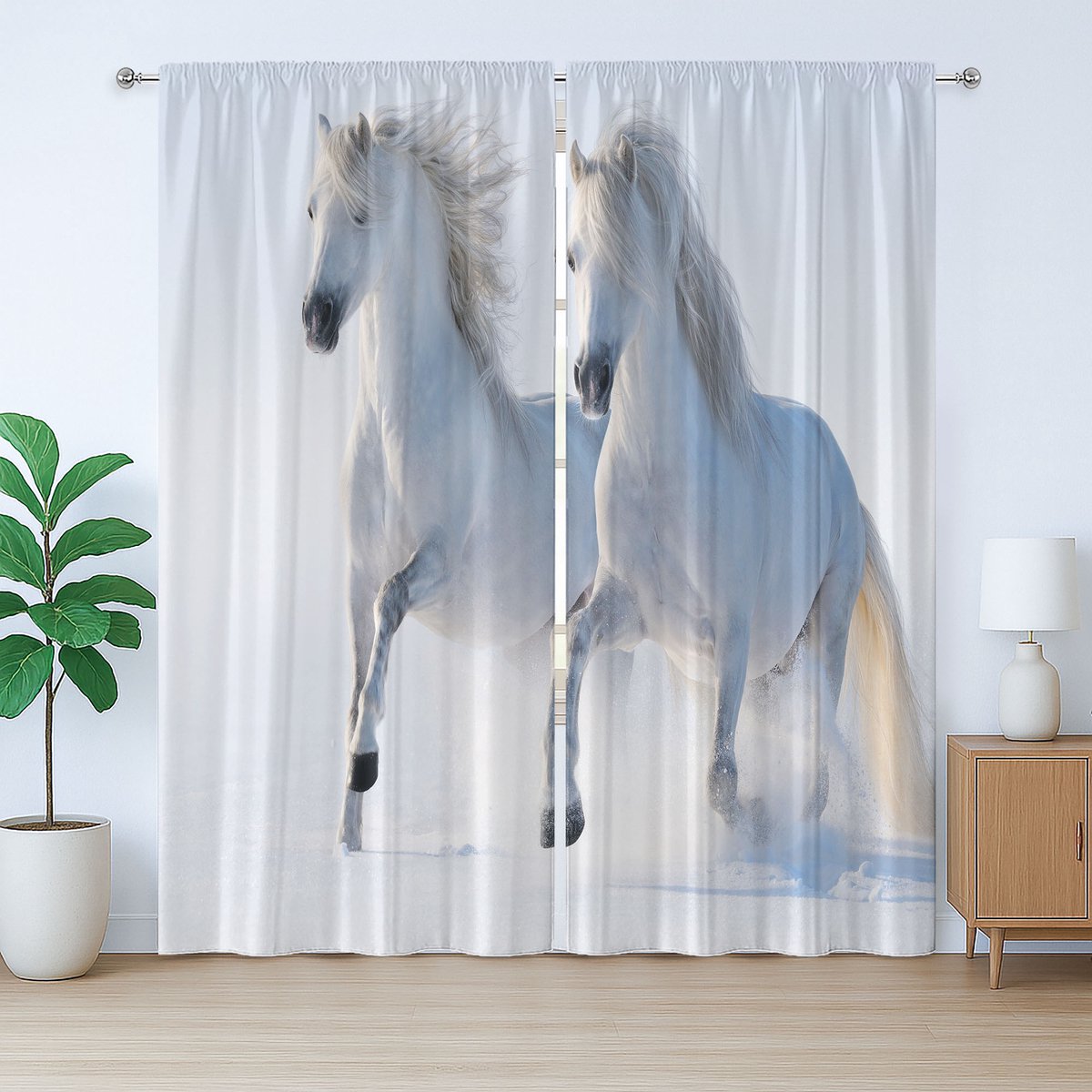 ABAKUHAUS Wit rustiek gordijn, winterpaardenmotief, slaapkamergordijn met lussen en haken, 280 x 225 cm, wit