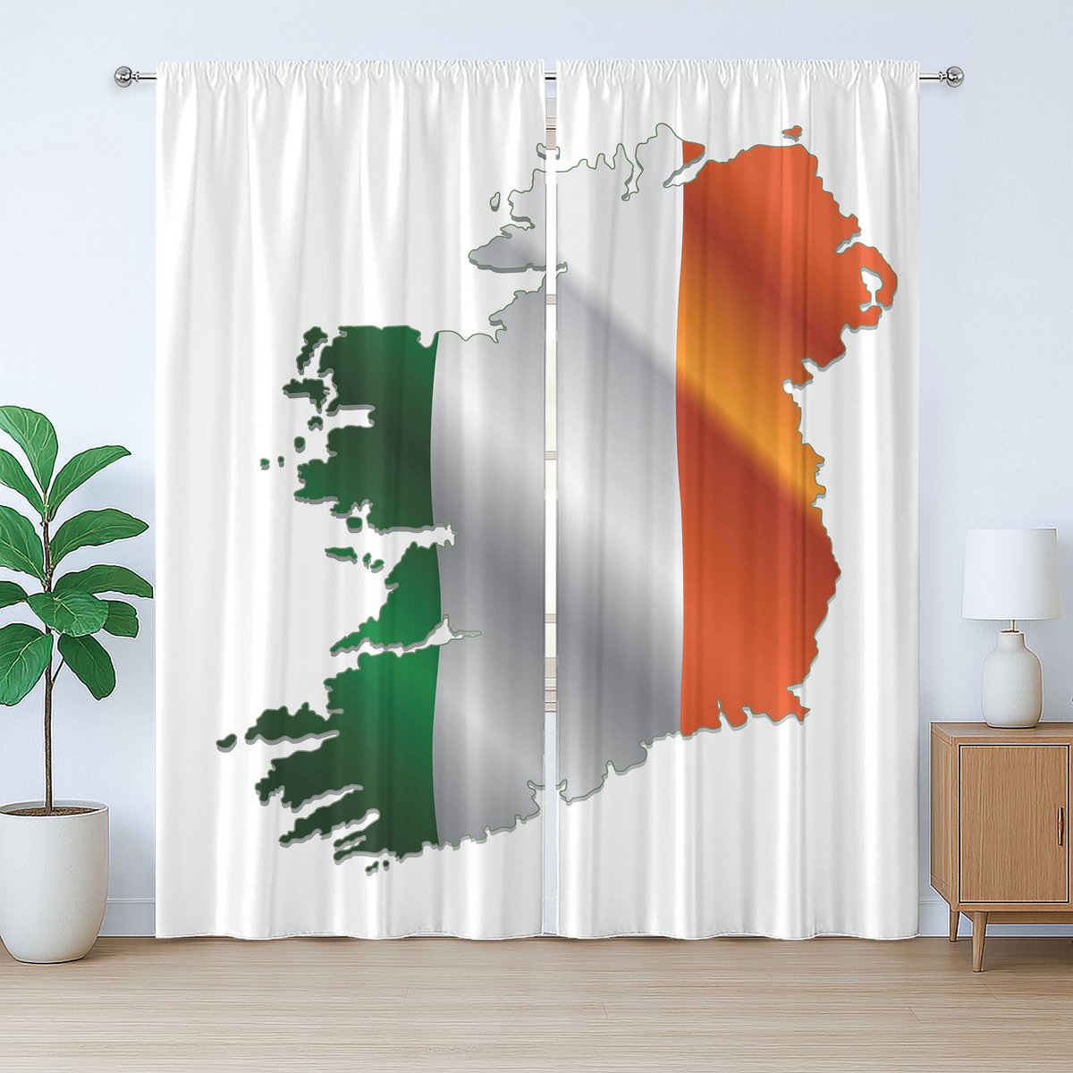 ABAKUHAUS Ierland Kaart Rustiek Gordijn, Ierse Trots Vlag Kleuren, met Band voor de Woonkamer, Lussen en Haken, 280 x 175 cm, Wit en Meerkleurig