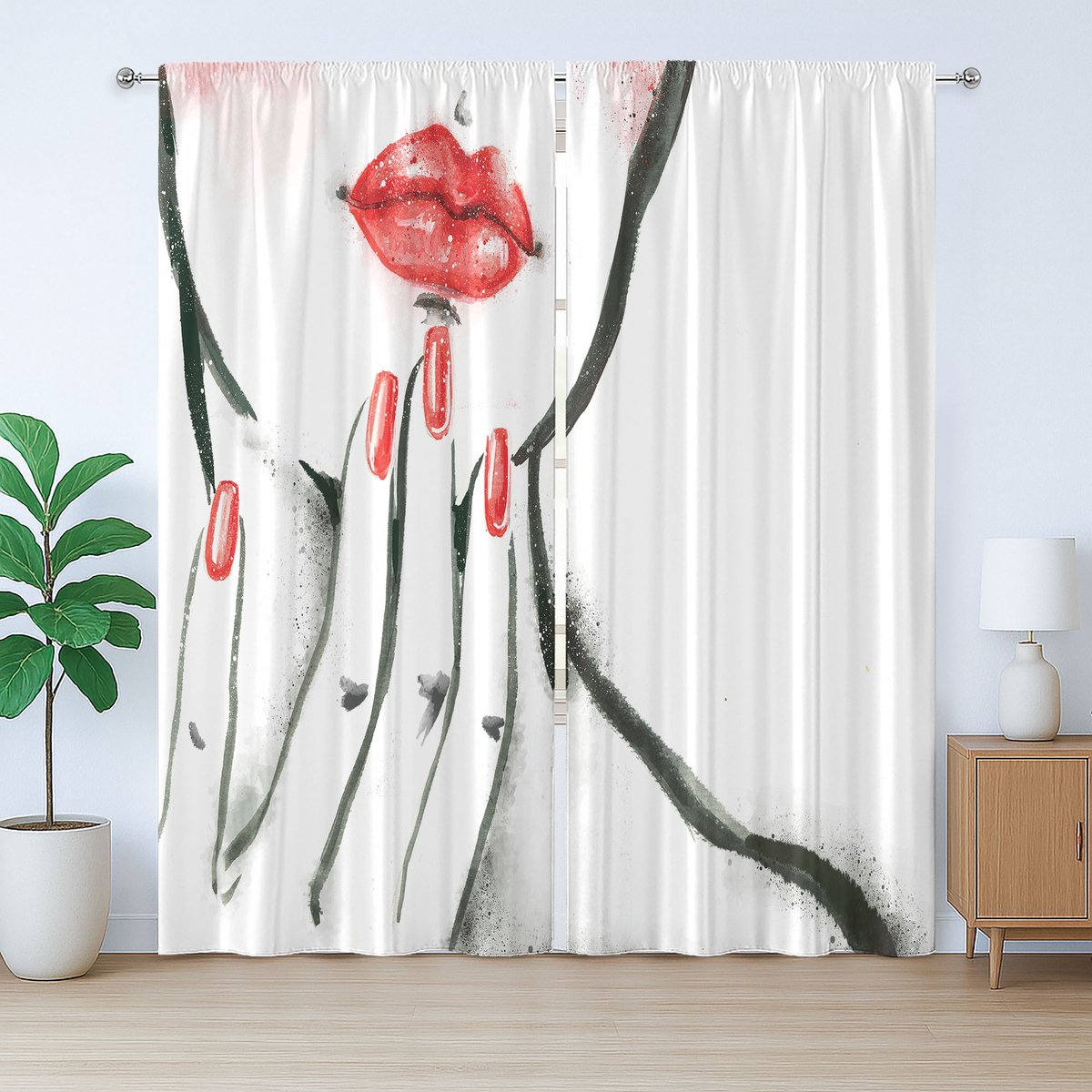 ABAKUHAUS Rustiek lippengordijn, rode nagels en blos op de wangen, universeel wandgordijn met lussen en haken , 280 x 245 cm, antracietgrijs wit