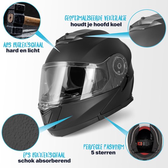 Casque modulable noir avec ventilation optimisée, coque extérieure ABS, coque intérieure EPS et ajustement parfait.