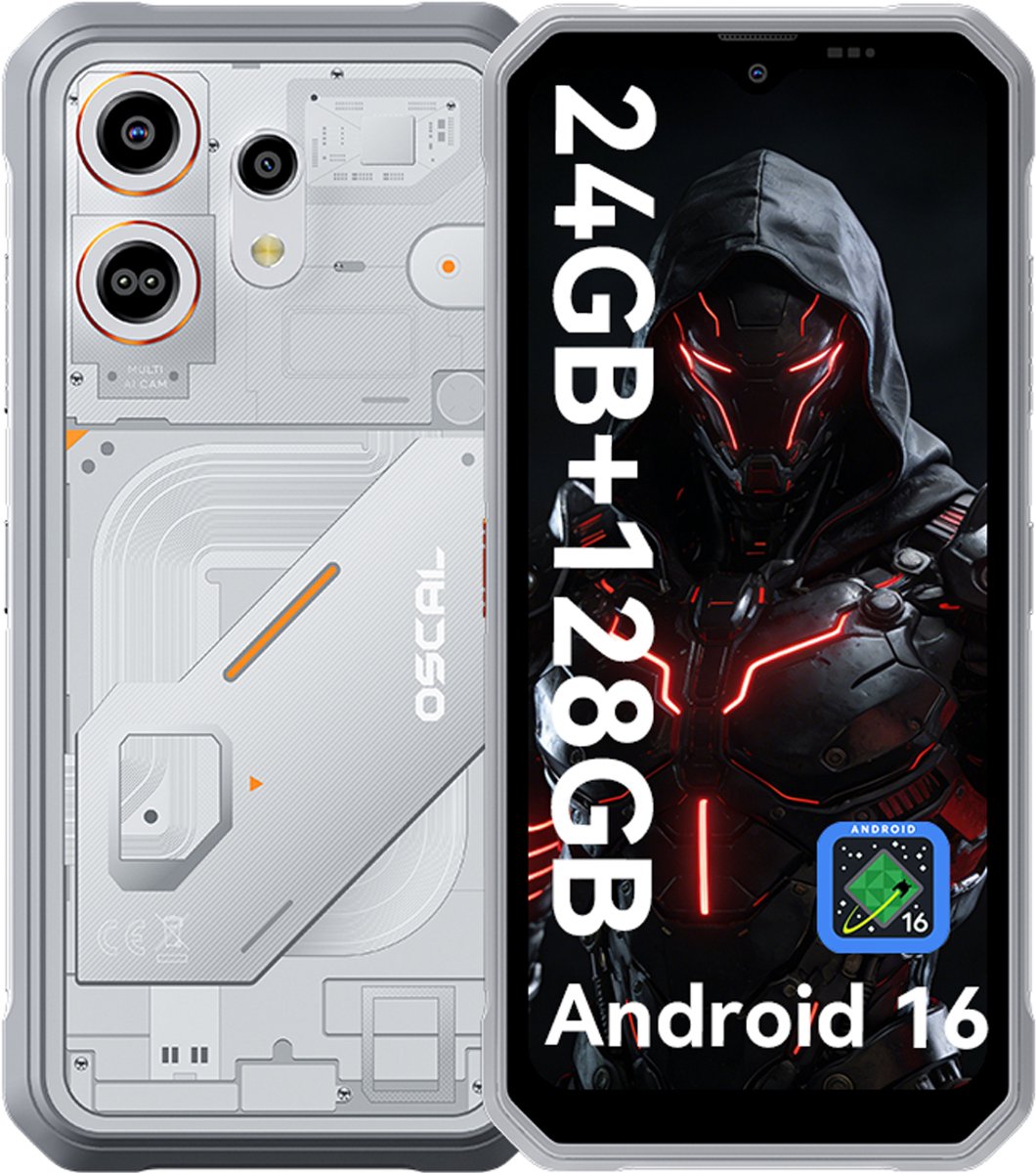 OSCAL MARINE 3 - Robuuste Smartphone - 4G - 24GB RAM - 128GB ROM - 6.56 inch - Robuuste Telefoon - Nachtzicht - Android 16 - NFC - GPS - Wit
