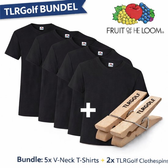 Bundel met 5 zwarte V-hals T-shirts van Fruit of the Loom en 2 houten wasknijpers met 'TLRGOLF' opdruk.