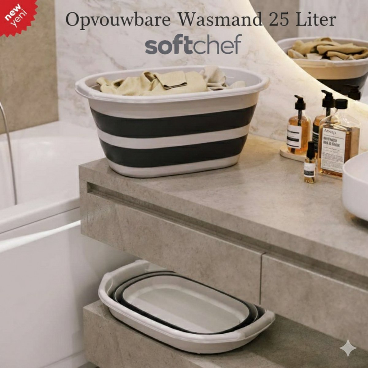 Soft Chef Opvouwbare Wasmand 25 Liter BPA vrij Duurzaam Ruimtebesparend Voor Wasgoed Speelgoed Badkamer en Opbergen Grijs Wit Gestreept