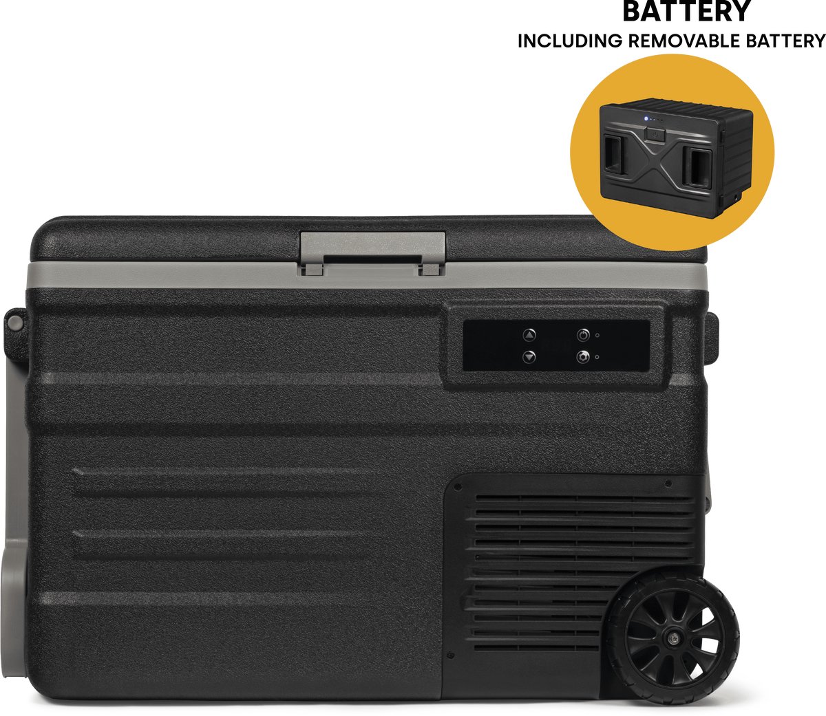 Steamy-E Single Zone Roller Elektrische Compressor Koelbox Op Wielen - Single Zone - 45 liter - 12V en 230V - Incl. uitneembare accu!- voor auto en camping - Zwart