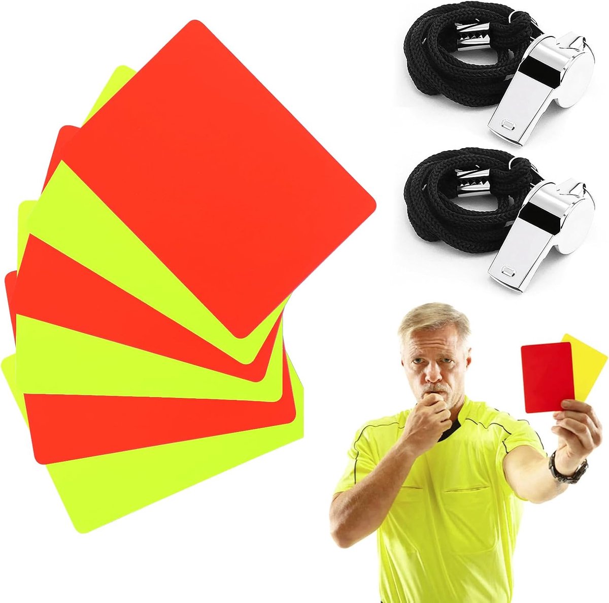 Scheidsrechter Kaarten - Voetbal Scheidsrechterkaarten - 3 Rode Kaart - 3 Gele kaart - Voetbalscheidsrechter - 2 Sportfluitjes met Koord - van Imperatoris