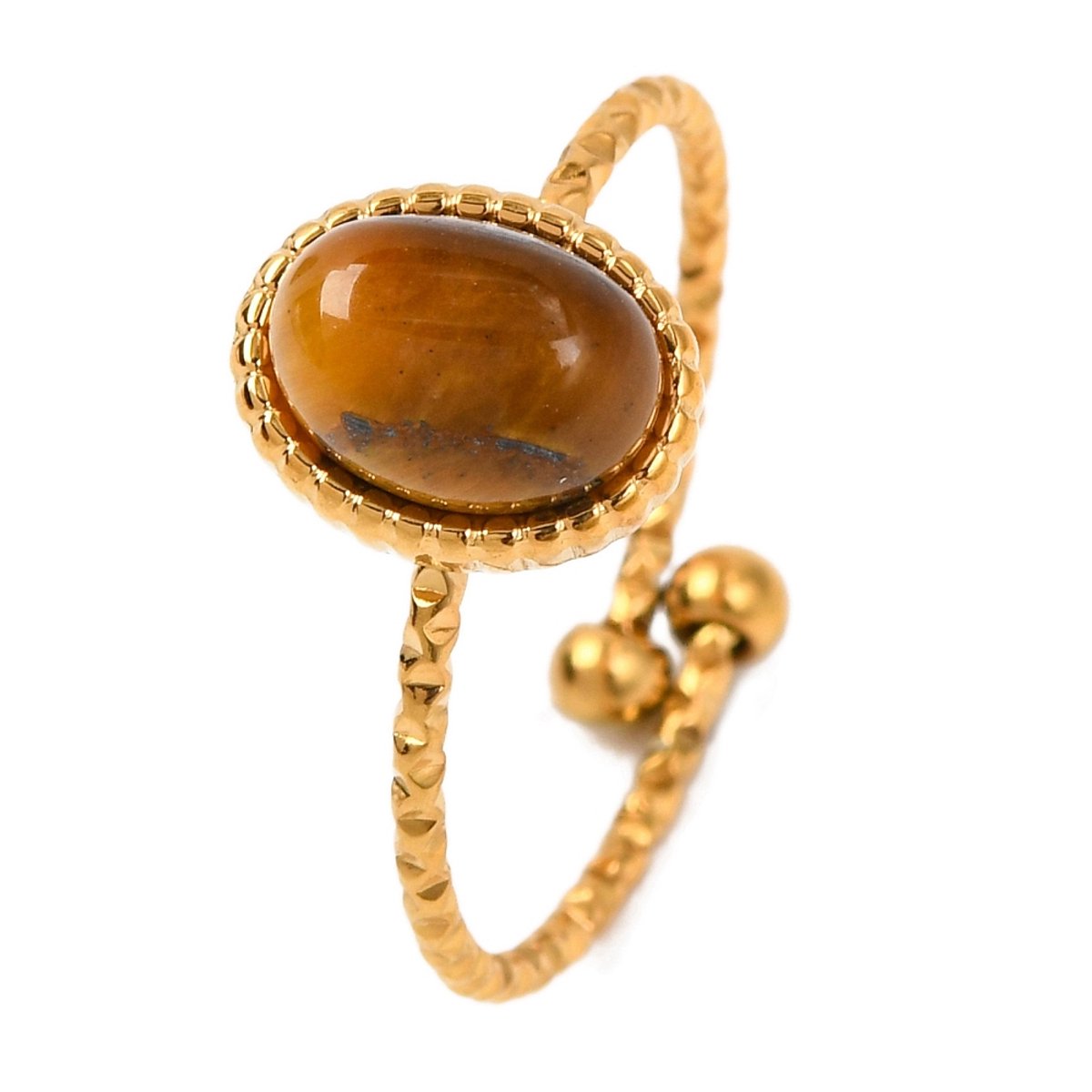 Ring edelsteen met tijgeroog stainless steel bohemian, one size ring, goudkleurig, 100% waterproof, verstelbare ring, cadeau