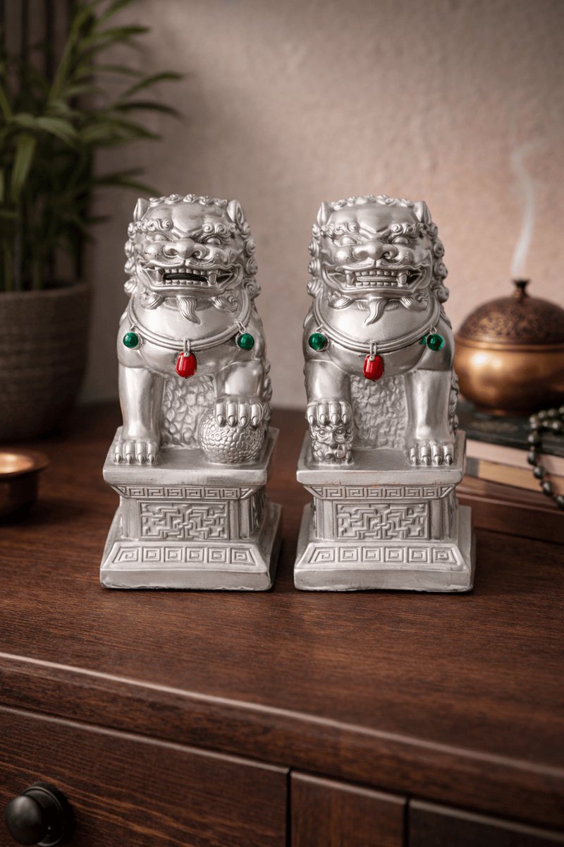 Leeuwenwachters set – zilver gekleurd – 2 stuks – boeddhistische beschermleeuwen – Feng Shui decoratie – hoogglans beeldjes
