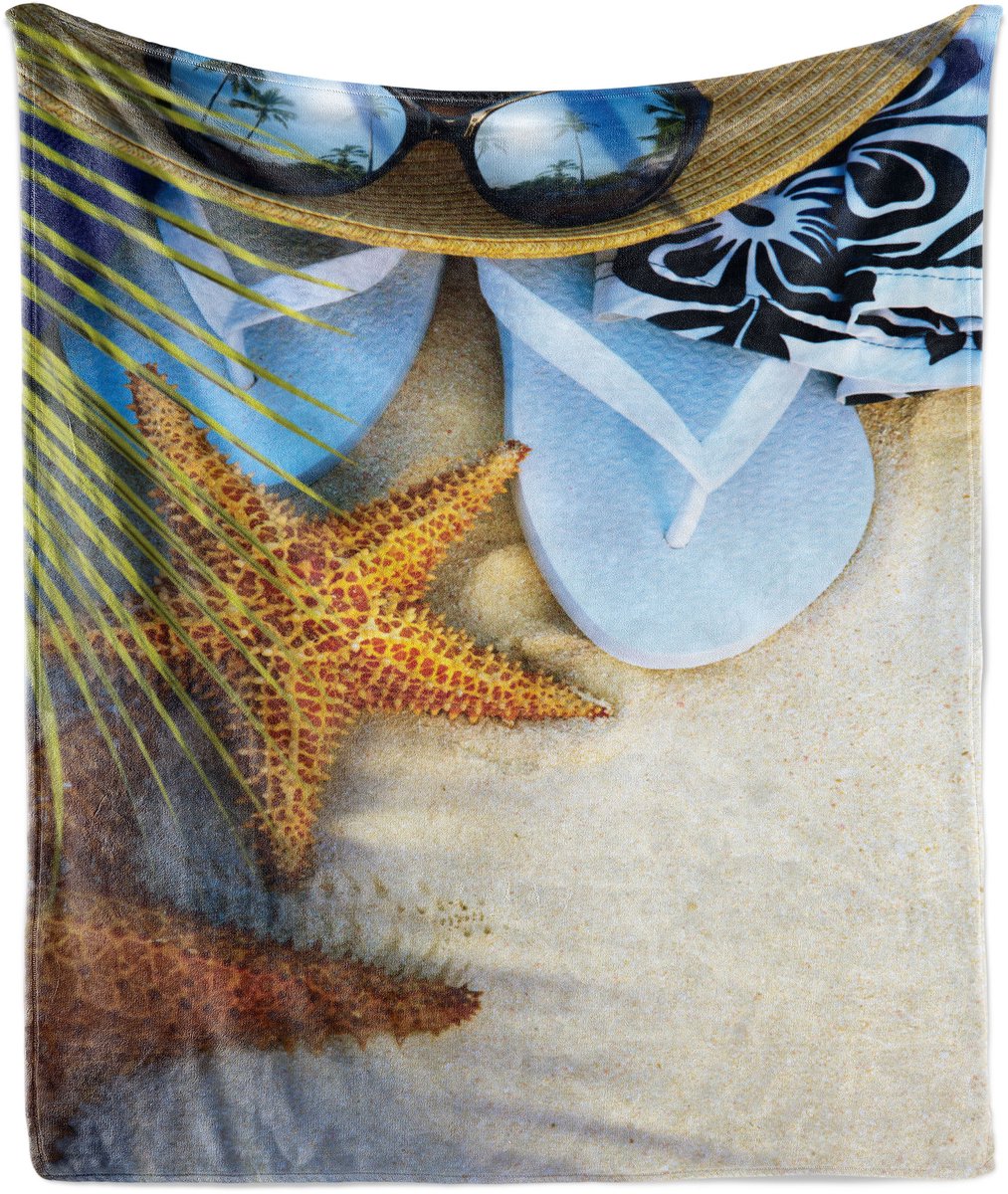 ABAKUHAUS Zachte flanellen fleece deken voor op het strand, tropisch strand met schelpenprint, knusse pluche plaid, 125 x 175 cm, veelkleurig