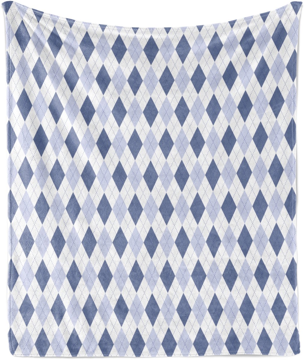 ABAKUHAUS Argyle zachte flanellen fleece deken, diagonale ruitvormige randen, knusse pluche plaid, 175 x 230 cm, wit en donkerblauw