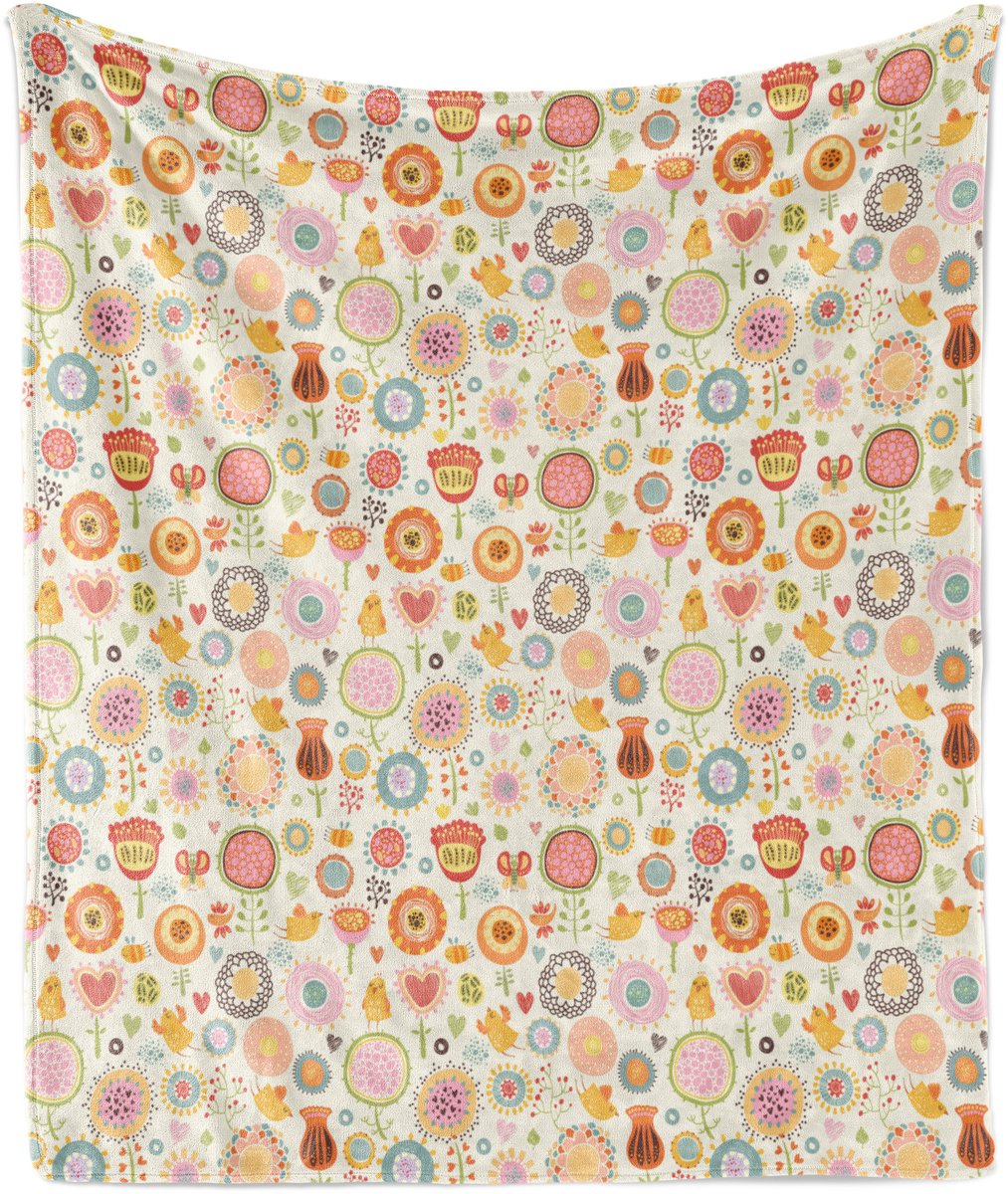 ABAKUHAUS Zachte flanellen fleece deken met bloemenprint, bijen, vogels en vlinders, knusse pluche plaid, 125 x 175 cm, oranje meerkleurig