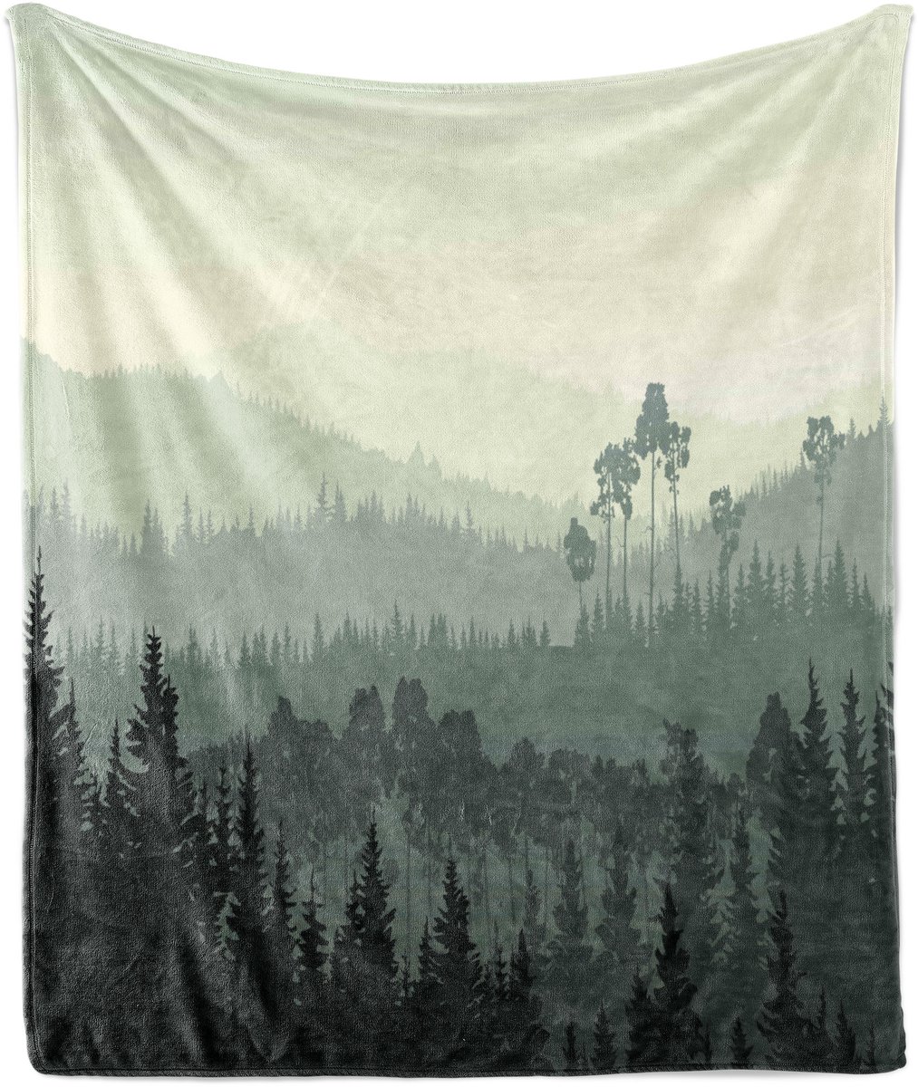 ABAKUHAUS Landschap Zachte Flanellen Fleece Deken, Valley Mystic Forest, Gezellige Pluche Plaid, 125 x 175 cm, Eierschaal en Witgroen
