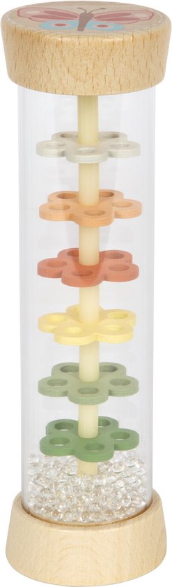 Houten regenmaker met vlinderdeksel, gekleurde bloemen en kralen.