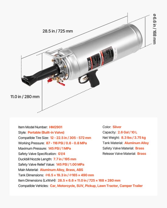 VEVOR Bandenstraalmachine 10 L Air Tire Bead Blaster Handheld Bandenpomp Tool, Verbeterde Draagbare Bandenpomp, 0,6-0,8 Mpa voor Auto Motorfiets Suv Pickup Atv Zilver — afbeelding 3