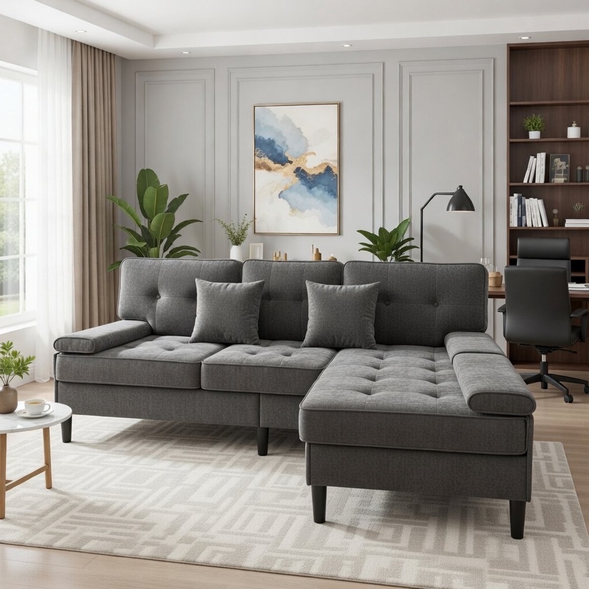 Luxe RetroGrijs Modulaire L-vormige Hoekbank 195x149x86 cm met Slaapfunctie, Verplaatsbare Voetenbank, Chenille Stof, 3-Zits Design Relax Sofa voor Kleine Appartementen – Antieke Vintage Comfort Hoekbank - Casa Serena