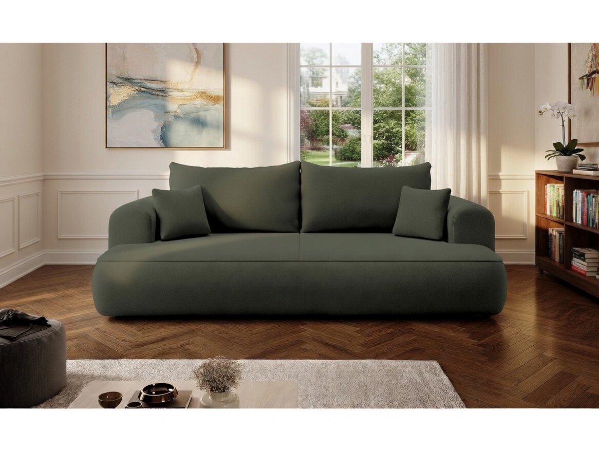 Slaapbank met slaapfunctie 250 × 110 × 92 cm – kaki fluwelen 3-zits slaapbank met opbergruimte, DL-uitschuifbed 200 × 160 cm, moderne bank met sierkussens – Ovo Deluxe Comfort – Bellavero