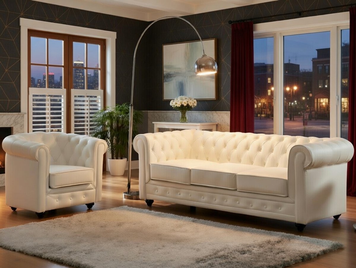 Driezitsbank 205 × 88 × 72 cm – Luxe Chesterfield Bank van Echt Buffelleer – Klassieke 3-Zits Bank met Capitonné Rugleuning, Nosag Veren en Houten Poten – Wit – Bellavero